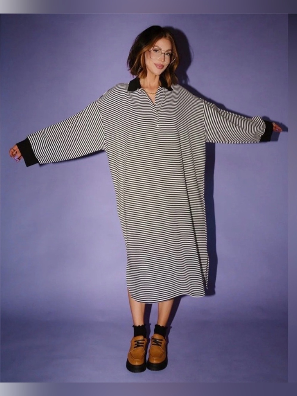 Dressed In Lala Oversized Striped Long Sleeve Polo Dress Size L/XL Black White